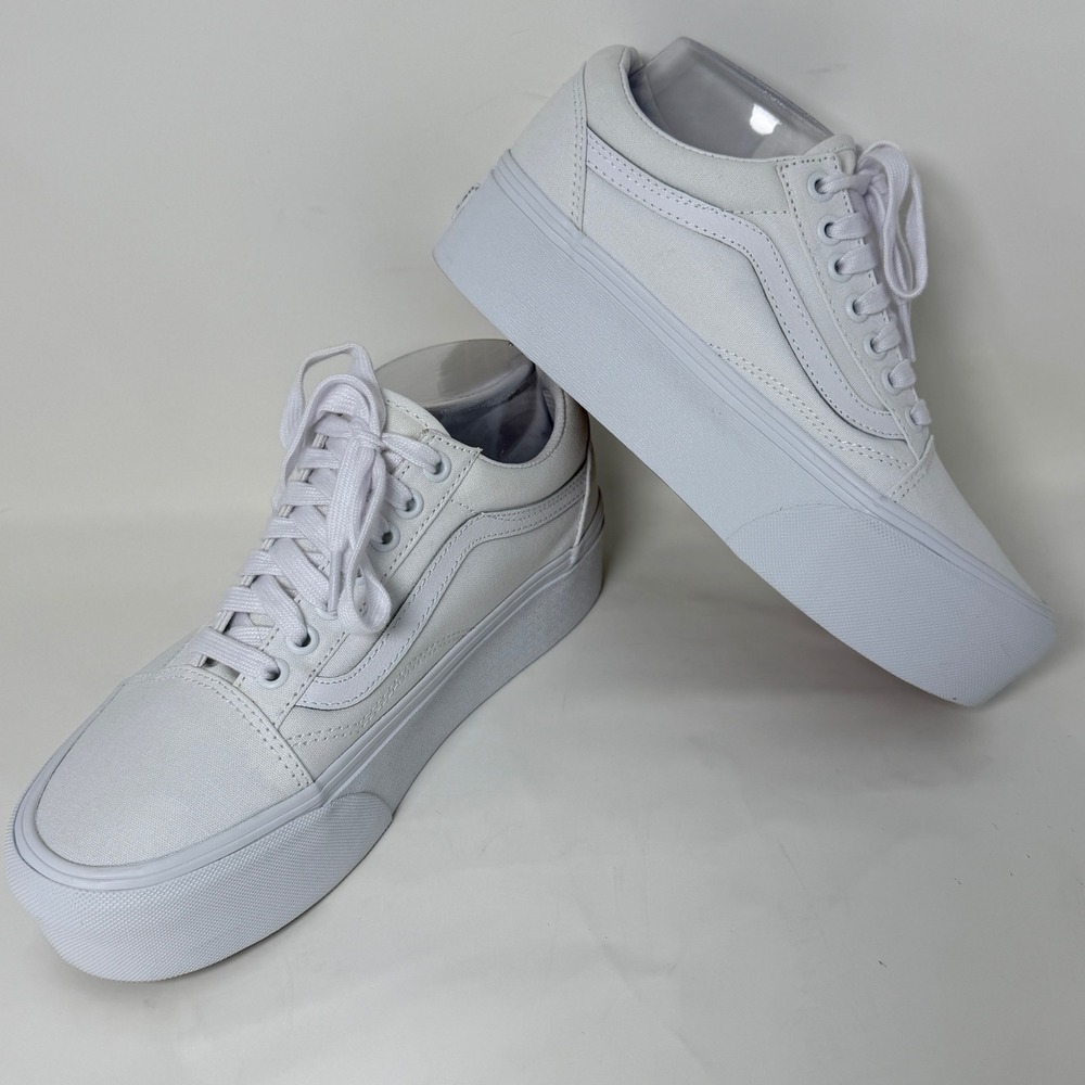Vans Old Skool Stackform True White Canvas Platform Sneakers Mens 7 Womens 8.5 - Picture 2 of 16